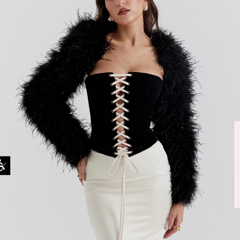 Elegant Black Lace-Up Top with Feathered Sleeves
